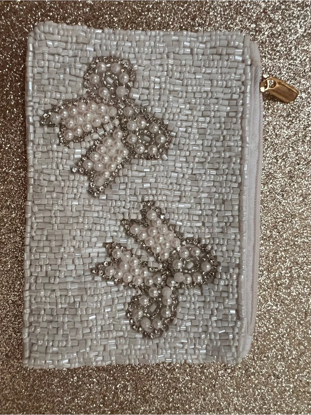 Beaded White Pearl Embellished Wristlet Pouch